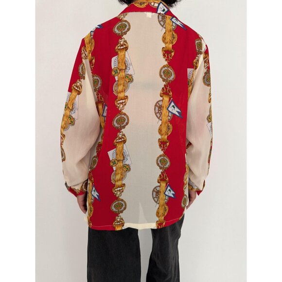 90s vintage red baroque nautical print collared sheer button up blouse shirt - Picture 6 of 10